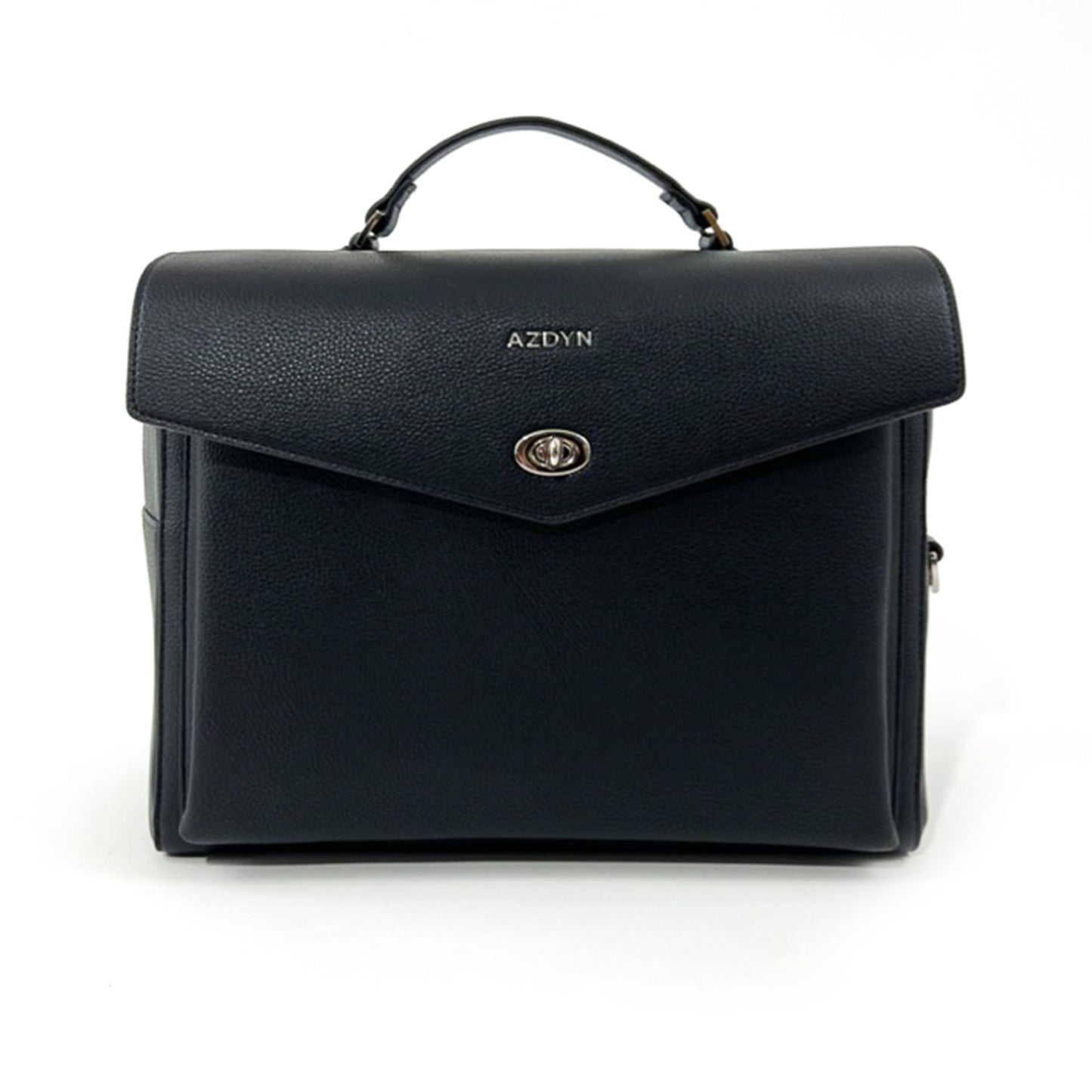 front view, product photo of black vegan leather lunch bag with silver hardware.  Vegan leather work bag features detachable cross body straps that can be adjusted to fit individual height. Soft flexible top handle. Front pouch for daily essentials (purse replacer), back slip pocket for easy access to phone, keys, or ID badge.