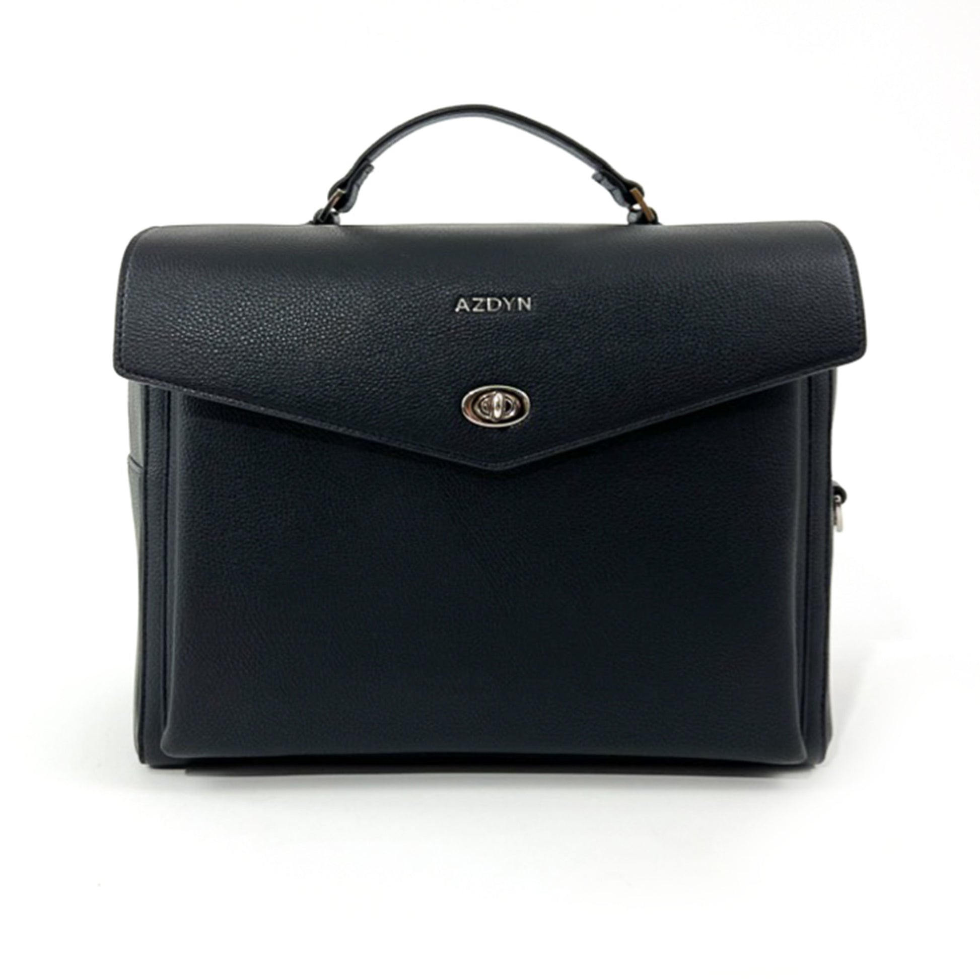 front view, product photo of black vegan leather lunch bag with silver hardware.  Vegan leather work bag features detachable cross body straps that can be adjusted to fit individual height. Soft flexible top handle. Front pouch for daily essentials (purse replacer), back slip pocket for easy access to phone, keys, or ID badge.