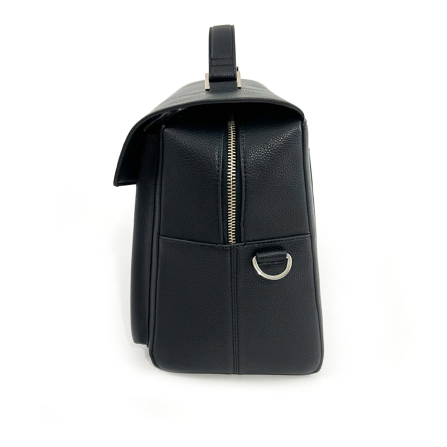 side view, product photo of black vegan leather lunch bag with silver hardware. Vegan leather work bag, this side shows the detachable cross body strap hook, not showing the adjustable strap. Soft flexible top handle. Double zipper.