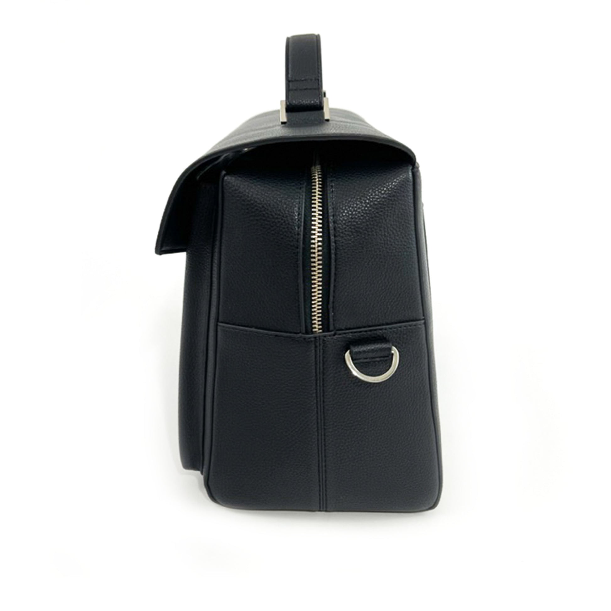side view, product photo of black vegan leather lunch bag with silver hardware. Vegan leather work bag, this side shows the detachable cross body strap hook, not showing the adjustable strap. Soft flexible top handle. Double zipper.