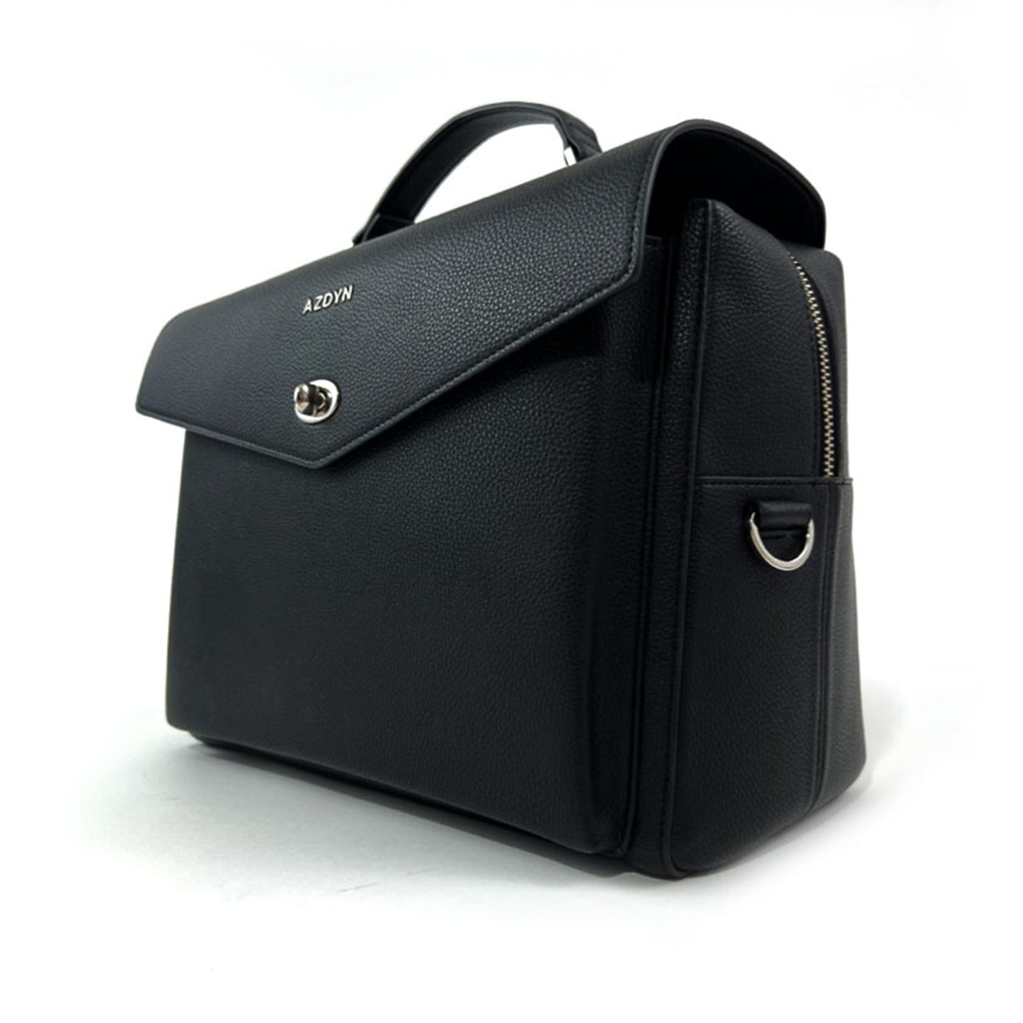 oblique side view, product photo of black vegan leather lunch bag with silver hardware. Vegan leather work bag features detachable cross body straps that can be adjusted to fit individual height. Soft flexible top handle. Front pouch for daily essentials (purse replacer), back slip pocket for easy access to phone, keys, or ID badge.