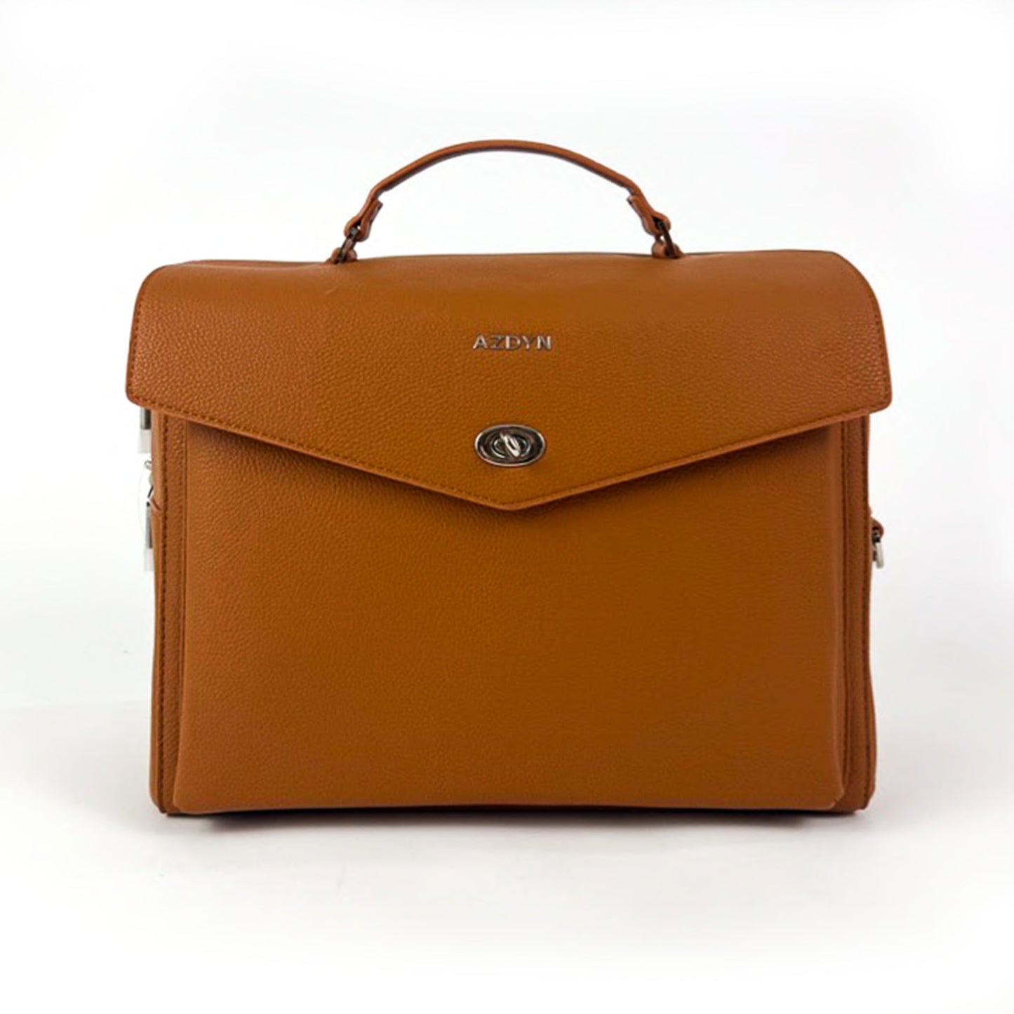 front view, product photo of caramel warm brown vegan leather lunch bag with silver hardware. Vegan leather work bag features detachable cross body straps that can be adjusted to fit individual height. Soft flexible top handle. Front pouch for daily essentials (purse replacer), back slip pocket for easy access to phone, keys, or ID badge.